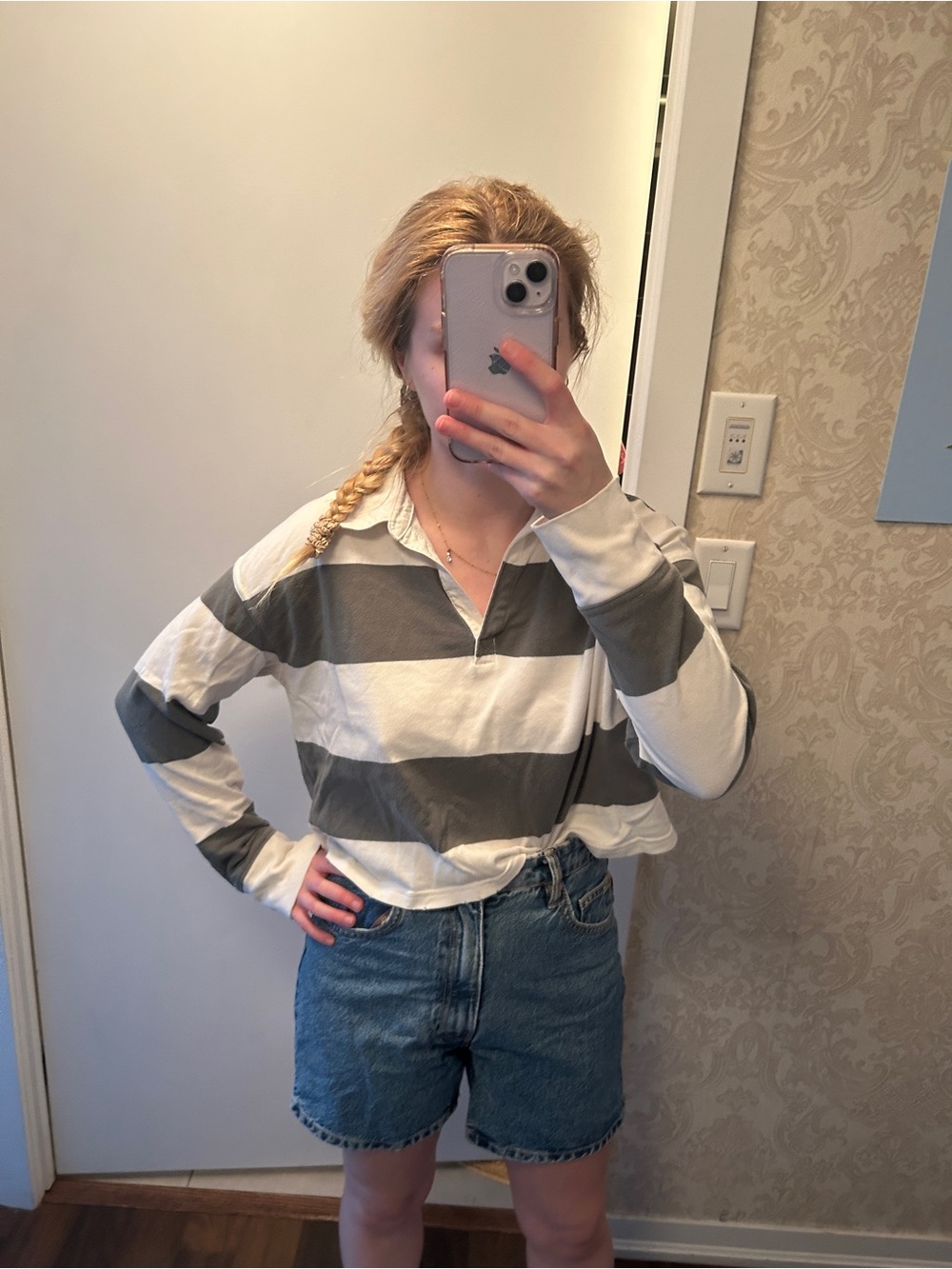 aerie Long Sleeve Rugby Stripe Polo in Gray and White